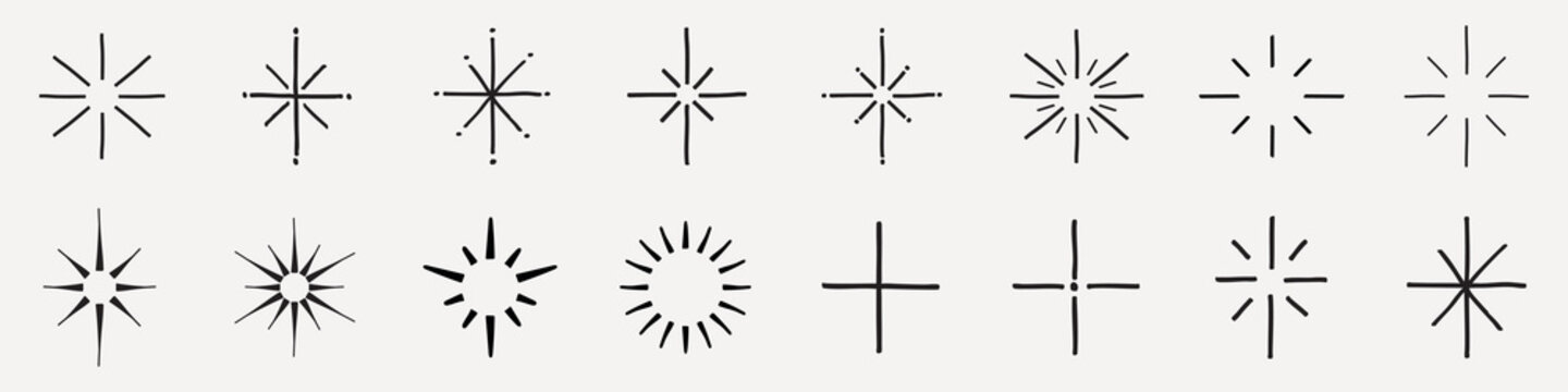 Set of minimalist vector starburst icons and spark symbols in black outline.