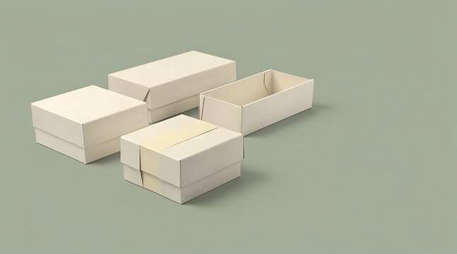 Set of Minimalist Blank White Cardboard Packaging Boxes and Gift Box Mockups with Ribbon Band on Sage Green Background, Perfect for Branding Presentation and Product Packaging Design Template