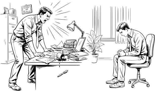 Angry businessman shouting at subordinate in office during stressful work day with desk chaos and slumped employee