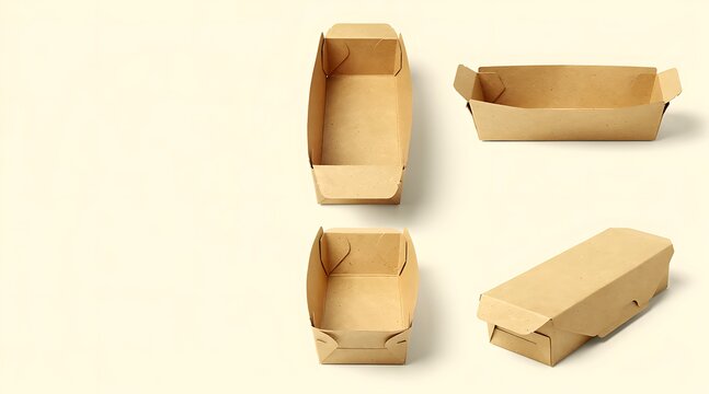 Mockup set of eco friendly brown kraft paper food containers for takeaway and delivery service, variety of angles including open and closed positions, recyclable cardboard packaging on plain
