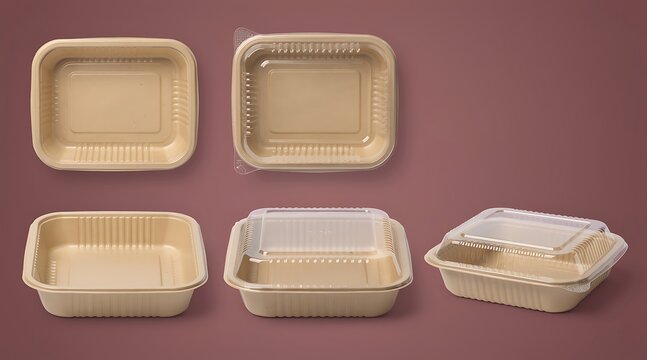 Set of Eco Friendly Biodegradable Sugarcane Bagasse Food Containers with Transparent Lids for Takeaway and Delivery Service Isolated on Plain Background for Food Packaging Mockup