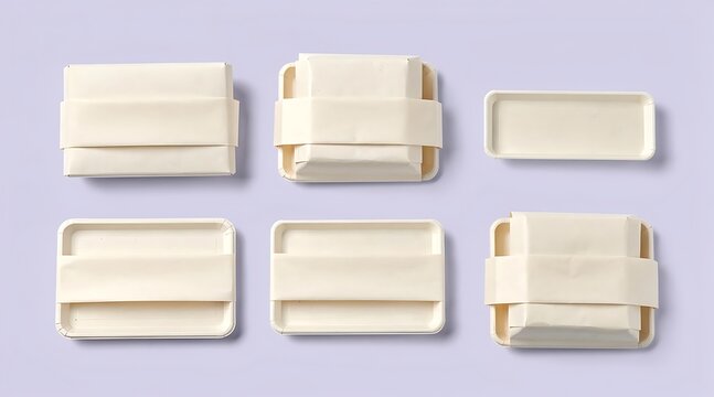 Top view of multiple eco-friendly disposable food packaging containers with paper sleeves on a purple background, sustainable biodegradable meal prep trays for takeaway and delivery service.