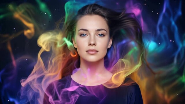 Beautiful young woman emerging gracefully from swirling colorful smoke, surrounded by vibrant abstract flowing shape, 4K video
