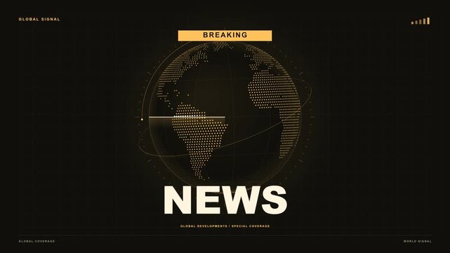 A 10-second 4K breaking news opener in the amber radar visual style, with a rotating geographic dotted Earth, radar scan, orbital accents and animated headline typography.
