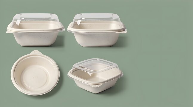 Set of Eco-Friendly Biodegradable Sugarcane Bagasse Food Containers with Clear Lids for Takeaway and Delivery Service, Sustainable Disposable Packaging for Meal Prep Isolated on Green Background