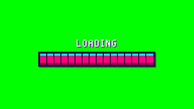 Nostalgic 8-bit arcade style pixel art loading progress bar with segments filling flush to the inner border container edge and transitioning into a seamless perfect loop over green screen.