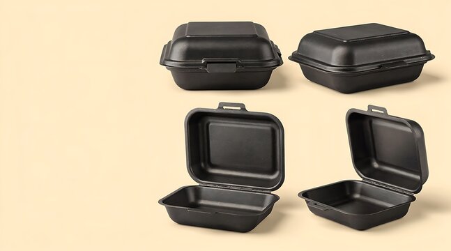 Set of four black disposable styrofoam clamshell food containers in open and closed views for takeaway and delivery service mockup isolated on neutral beige background with copyspace.