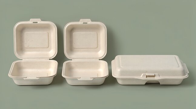 Eco Friendly Biodegradable Sugarcane Bagasse Food Containers and Takeaway Clamshell Boxes on Green Background for Sustainable Food Packaging and Zero Waste Delivery Service Concept