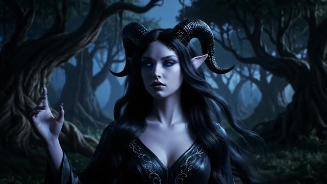 Mysterious dark sorceress with glowing eyes and horns in an enchanted forest.