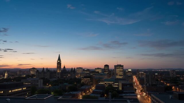 Ottawa skyline with Parliament Hill at sunset to night time lapse