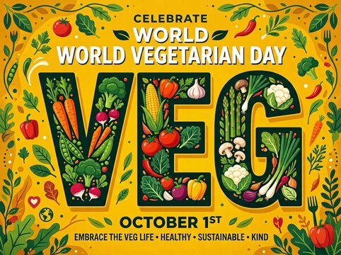 Celebrate world vegetarian day typographic design filled with fresh farm vegetables