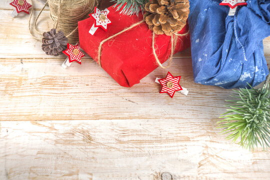 Fabric wrapped Christmas gifts