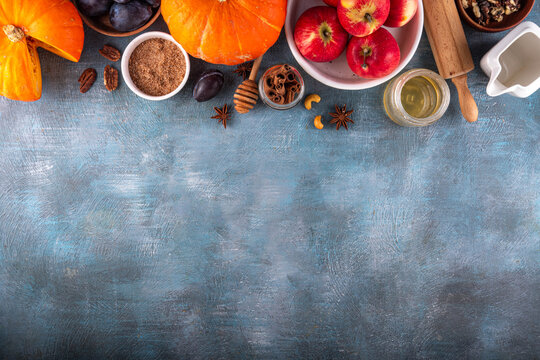 Fall baking, cooking seasonal dessert background with various ingredients