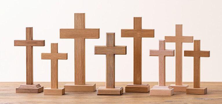 Rustic wooden table featuring a variety of simple religious crosses in warm, natural lighting.