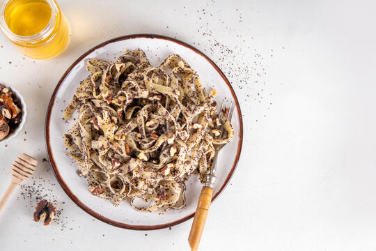 Sweet pasta, noodles with poppy seed and nuts