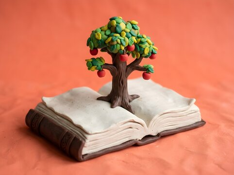 Open 3d clay book with colorful tree of knowledge