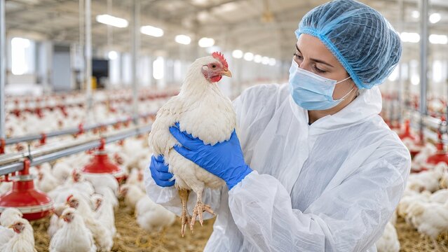 Poultry worker in protective clothing examines a chicken inside a commercial poultry farm.