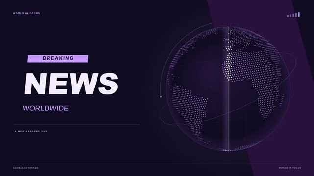 A 10-second 4K breaking news opener in the violet orbit visual style, with a rotating geographic dotted Earth, meridian scan, orbital accents and animated headline typography. 