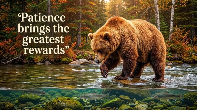 Grizzly bear fishing in a clear river with autumn forest background, inspirational quote