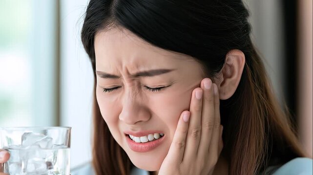 Woman holding a cold drink with ice cubes while touching her cheek in sharp tooth pain, illustrating sensitive teeth, dental discomfort and painful reaction to cold beverages.
