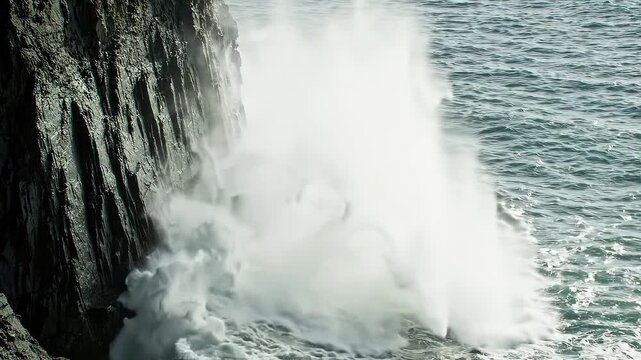 Big ocean wave crashing against dark rocky cliff with huge splash of white foam and spray. Power of nature, sea surf and dramatic coastline seascape in slow