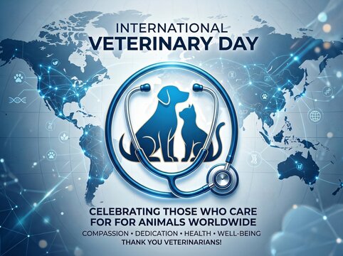 International veterinary day medical concept with stethoscope and animals