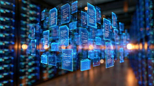 Floating luminous document cards arranged in layers above a pristine server aisle, transparent files, folders and data sheets with subtle digital symbols, enterprise information management concept, 