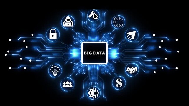 Big Data Technology Interface with Futuristic Analytics Network and Digital Processing Systems 4k digital technology visuals ,animation video.