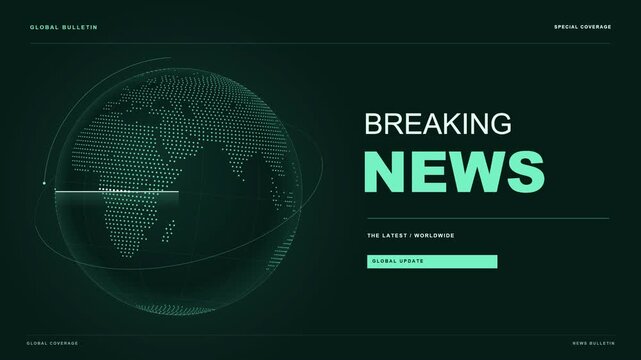 A 10-second 4K breaking news opener in the mint wire visual style, with a rotating geographic dotted Earth, radar scan, orbital accents and animated headline typography. 