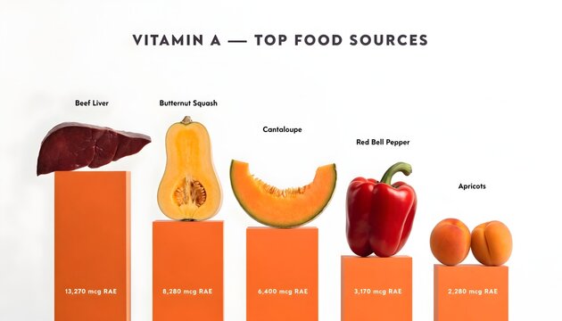Infographic chart showing top food sources of vitamin A on orange pedestals