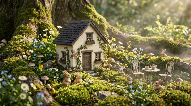 Miniature Fairy House with Tiny Bunny Figurines and Tea Set in an Enchanted Mossy Forest Garden