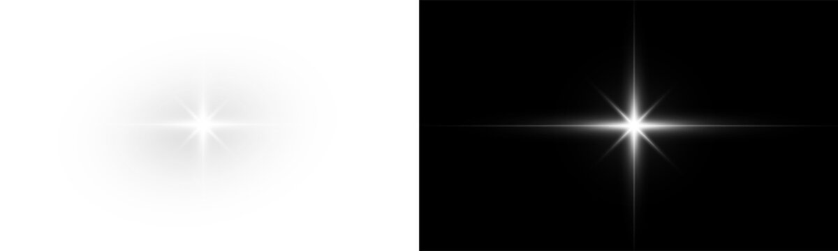 Bright white flare forms centered starburst on transparent background. Crisp horizontal and vertical rays extend from glowing core, with faint diagonal beams giving isolated graphic elegant sparkle.