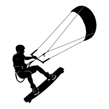 Kiteboarder silhouette riding wave during bright sunny day in clean vector style