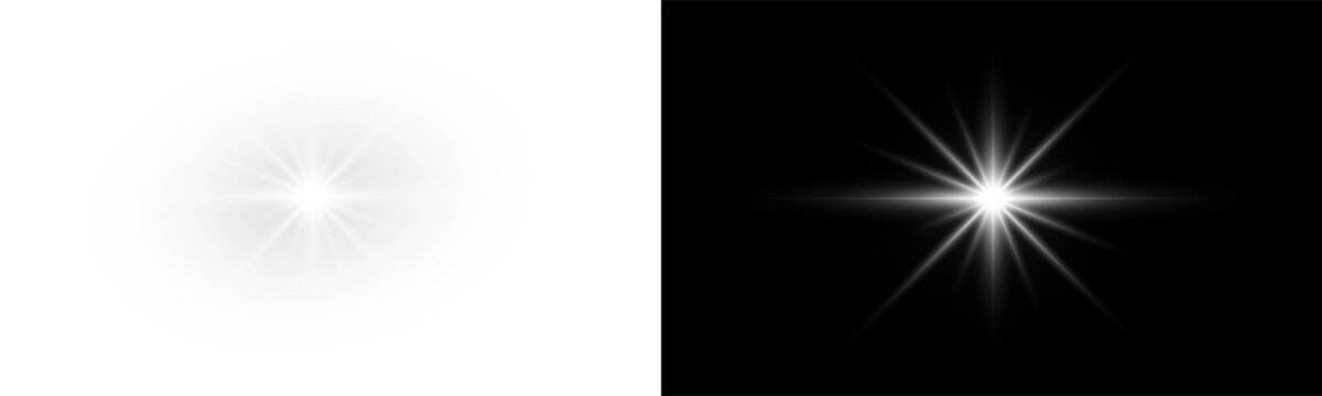Radiant starburst glows with sharp white rays around bright center. Isolated light effect has subtle gray gradients and transparent background, offering clean celestial artwork for layered designs.