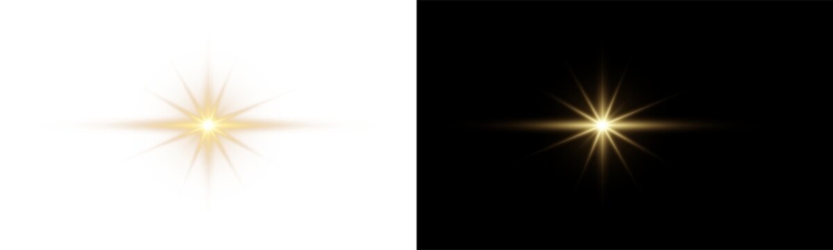 Golden starburst glows with sharp rays and bright white center. Isolated light effect has transparent background, offering radiant celestial accent for graphic design and compositing.