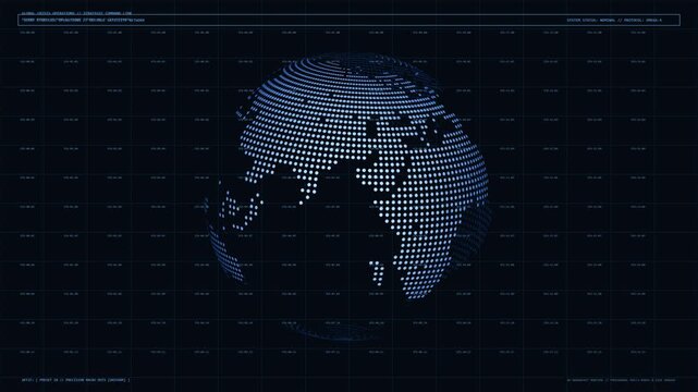 A high tech digital globe rotating on a dark background with blue radar grid lines and tactical interface data elements