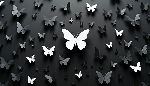 White butterflies scattered across dark gray background isolated on transparent background for creative decoration.
