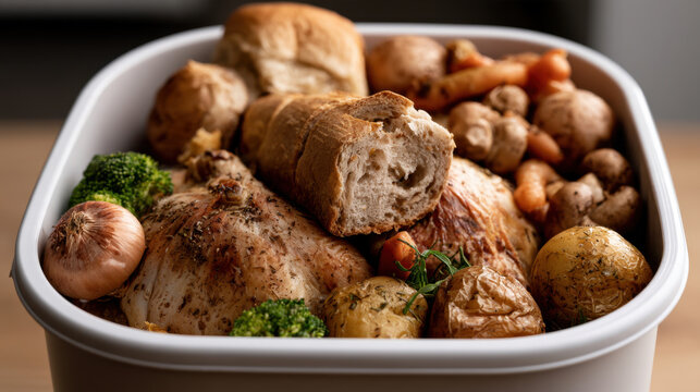 Discarded christmas meal with roast meat, bread, potatoes and vegetables overflowing from a household food waste container, highlighting holiday overconsumption
