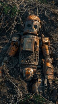 The remains of a robotic entity rest in soil, surrounded by dried vegetation, embodying a poignant narrative of obsolescence and the passage of time.