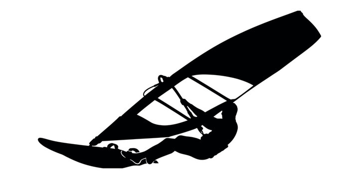 Windsurfer silhouette on water during a sunny day against a white background in vector style