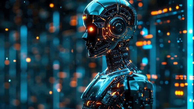 Futuristic Humanoid Robot with Glowing Eyes in High-Tech Data Center