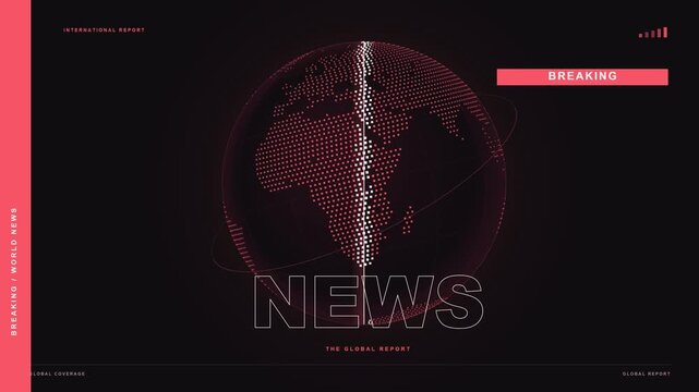 A 10-second 4K breaking news opener in the crimson axis visual style, with a rotating geographic dotted Earth, meridian scan, orbital accents and animated headline typography. 