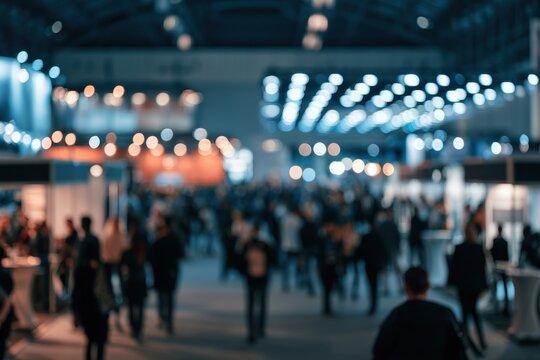 Professional trade show scene: busy expo hall, blurred silhouettes, neutral palette