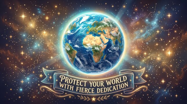 Glowing Earth surrounded by stars and nebula, with banner saying 'Protect Your World With Fierce Ded