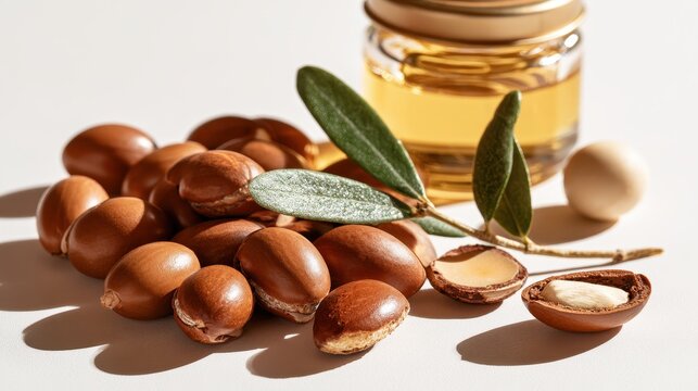 Pure plant-based botanicals: argan seeds presented on a white banner backdrop for cosmetic imagery