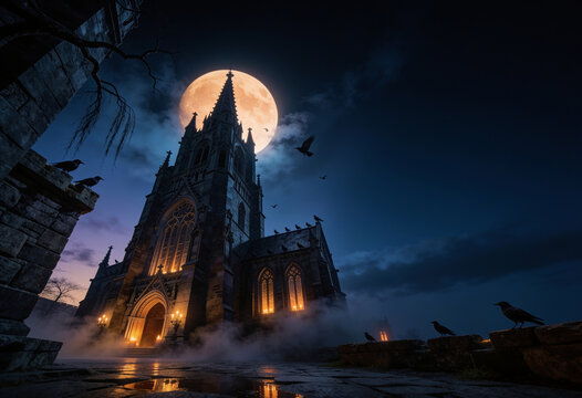 Gothic cathedral castle under a full moon with ravens and dramatic copy space
