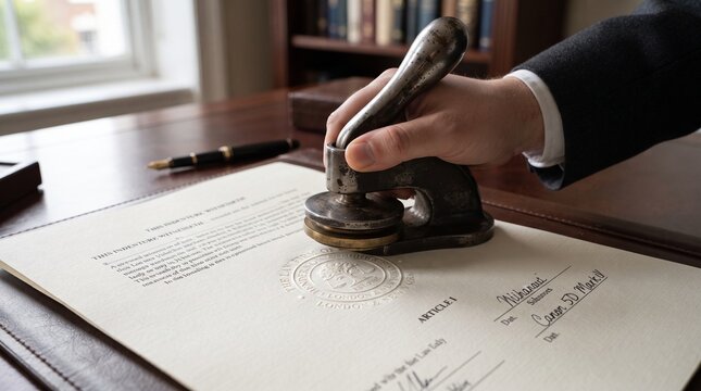 Notary Public Embossing Official Document on Desk.