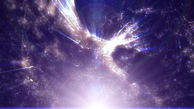 Majestic colorful 3d galaxy cluster moving background featuring glowing star particles, interstellar dust, and bright lens flares in deep space, perfect for science fiction and astronomy.