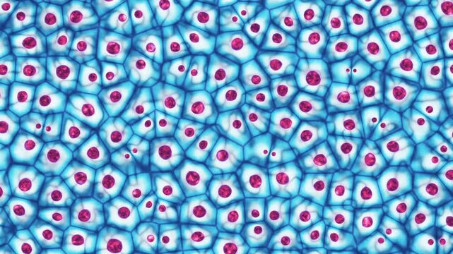 3D animation of an embryonic stem cell colony viewed under a microscope, illustrating cellular therapy research, tissue regeneration, and disease treatment in a seamless loop for medical science