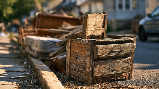 Residential curbside clutter: worn wooden pieces and a neglected bed awaiting bulk disposal